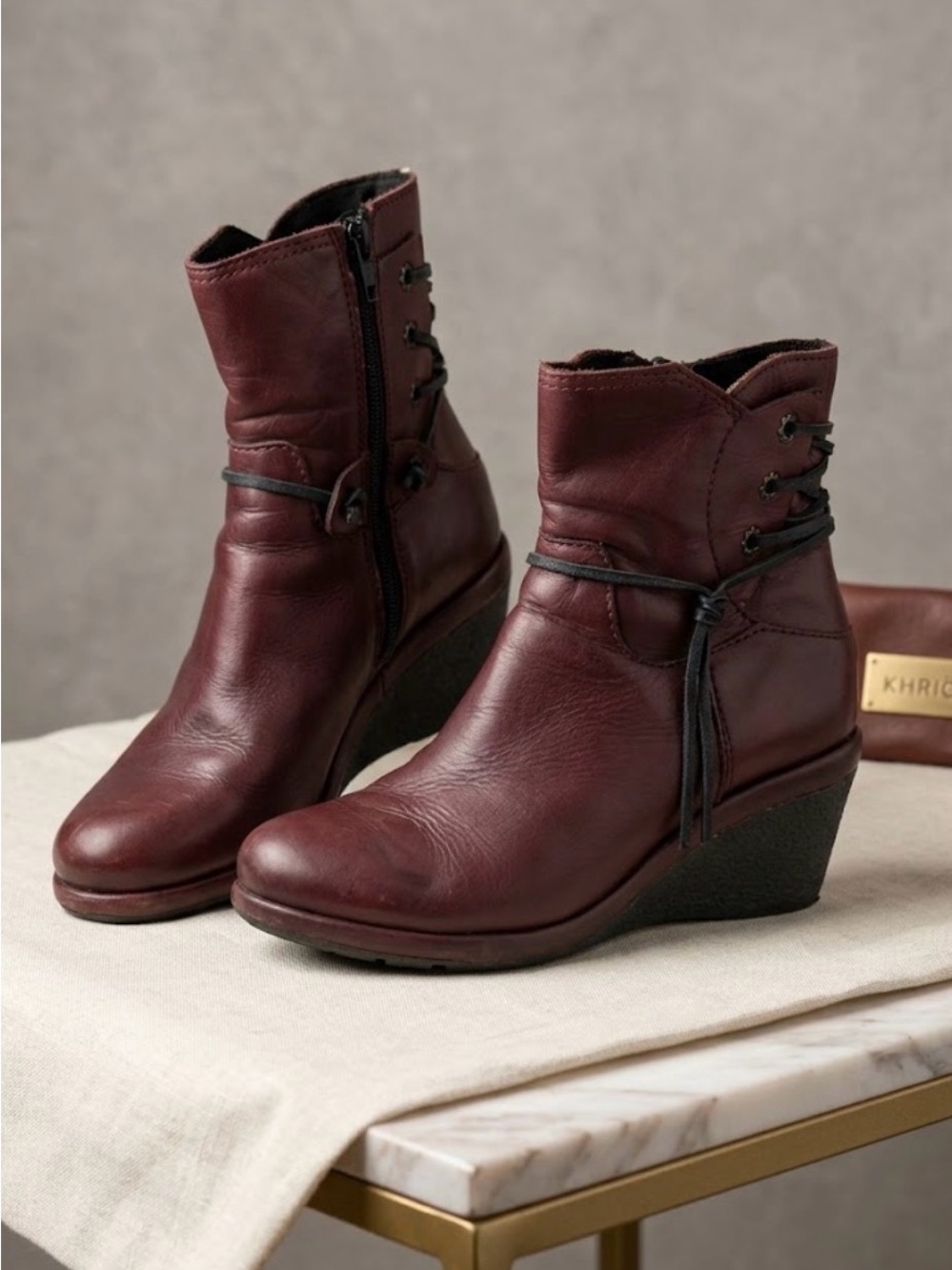 Khrio Burgundy Leather Wedge Ankle Boots - Women's